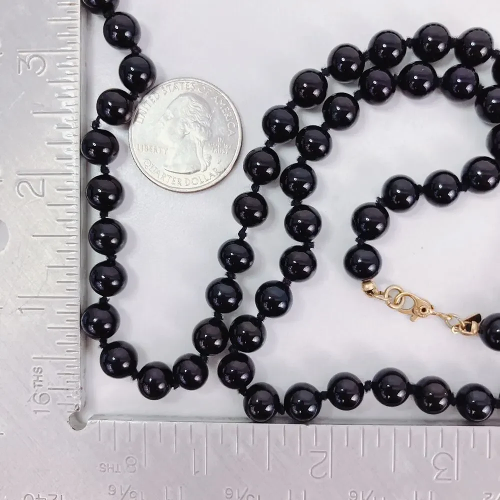 VTG Monet Signed Glossy Jet Black Glass Bead Necklace 70s Long Opera Strand